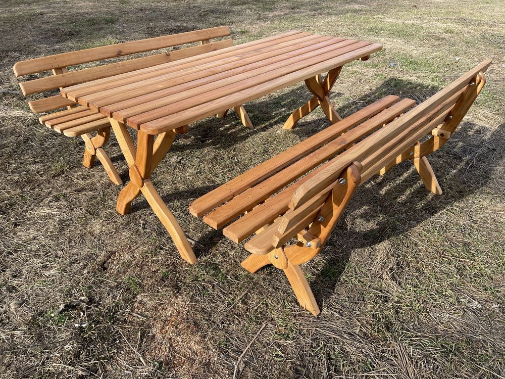 Masa cu doua banci pt. gradina, terasa din lemn de cires masiv