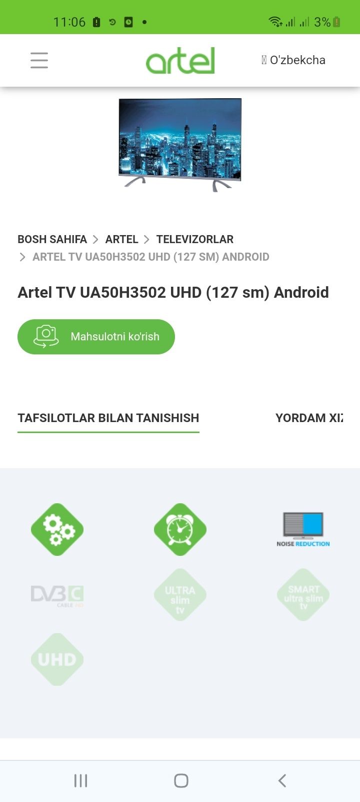 ARTEL UA50H3502 4K Ultra HD Golosovoy Dubl  pultli 3 yil gar