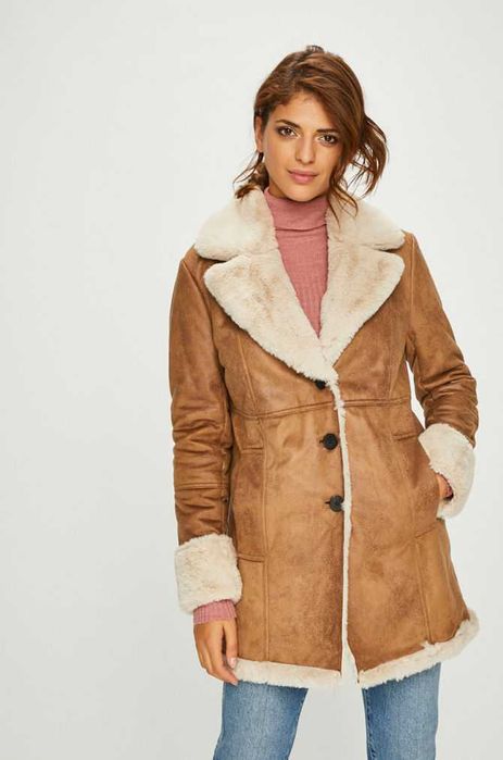 Cojoc palton din piele si blana naturala L Noa Noa premium maro camel