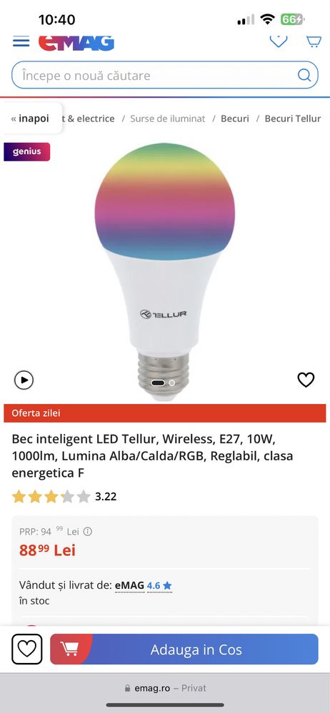 Bec LED Tellur, Wireless, E27, 10W, 1000lm, Lumina Alba/Calda/RGB