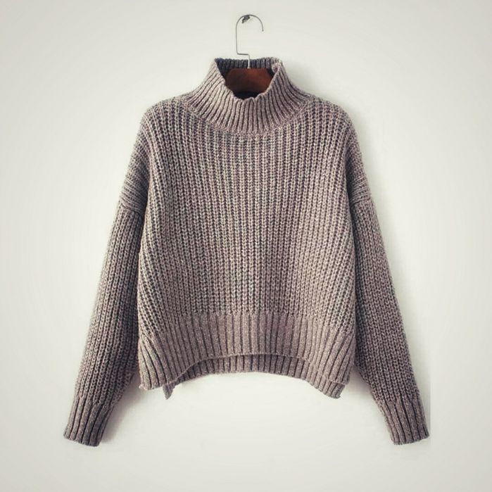 Кофейный Свитер оверсайз крупной вязки с высоким горлом кофта джемпер