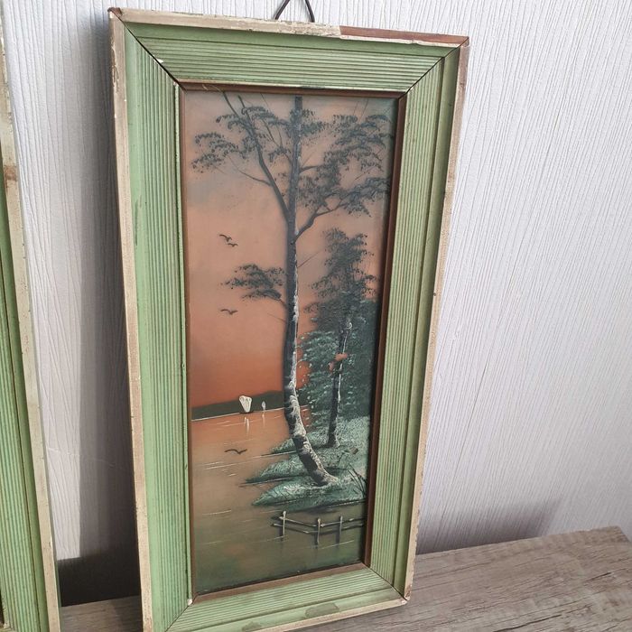 Стари малки картини „Езерен пейзаж“, рисувани върху стъкло