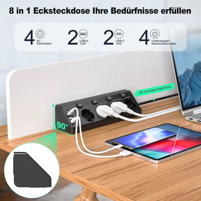 Priza HITRENDS de colt cu 4 prize, 2 usb A si 2 usb C, neagra sau alba