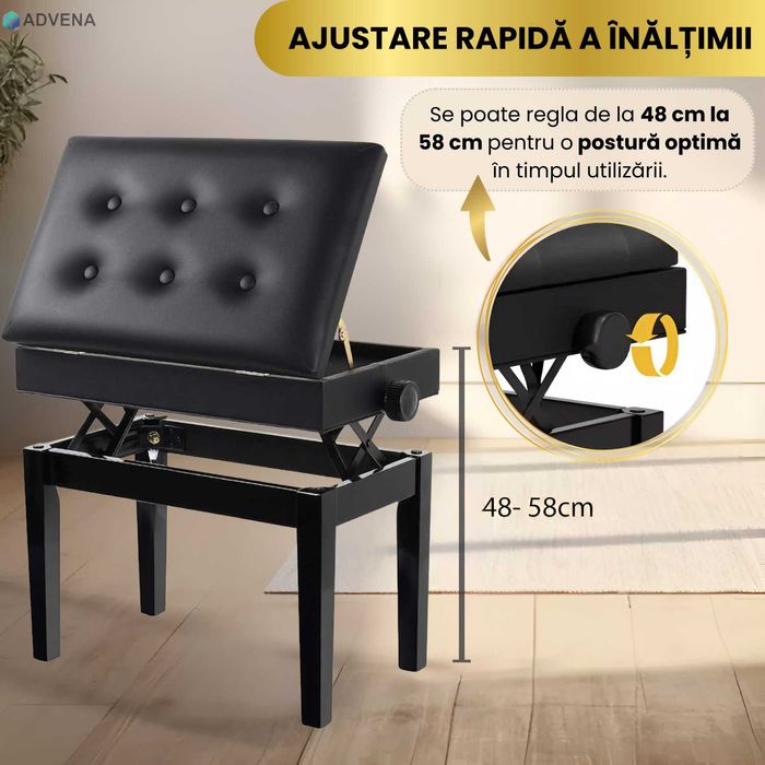 Scaun pian reglabil, sezut captust, inaltime 48-58 cm, piele naturala