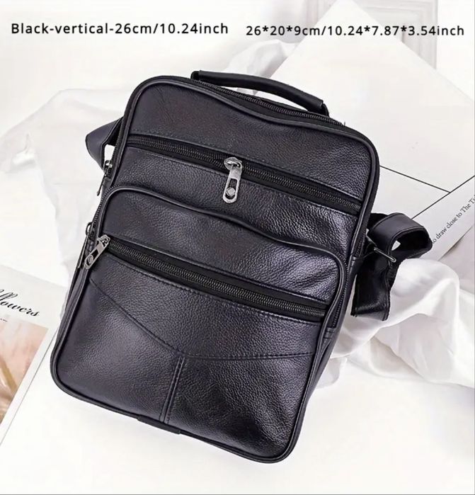 Мъжка кожена чанта/Голяма класическа и универсална•Черна естест. кожа!