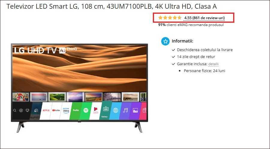Televizor LED Smart LG, 108 cm, 43UM7100PLB, 4K Ultra ,cu MAGIC remote