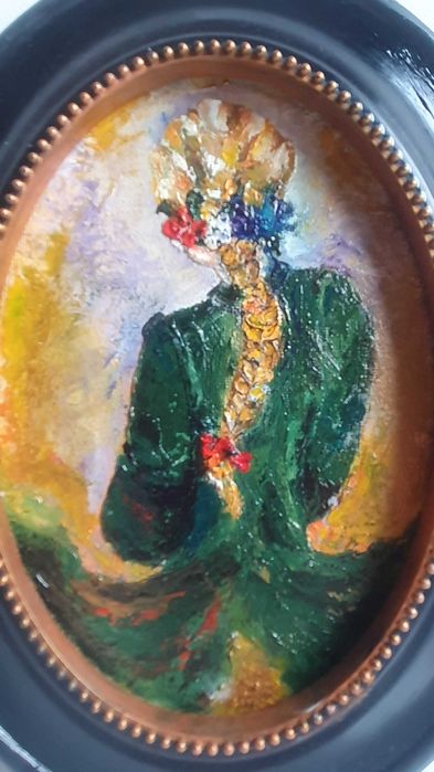 TABLOU NOU MODERN,"GREEN DAY", pictura ulei, rama ovala, pictor roman