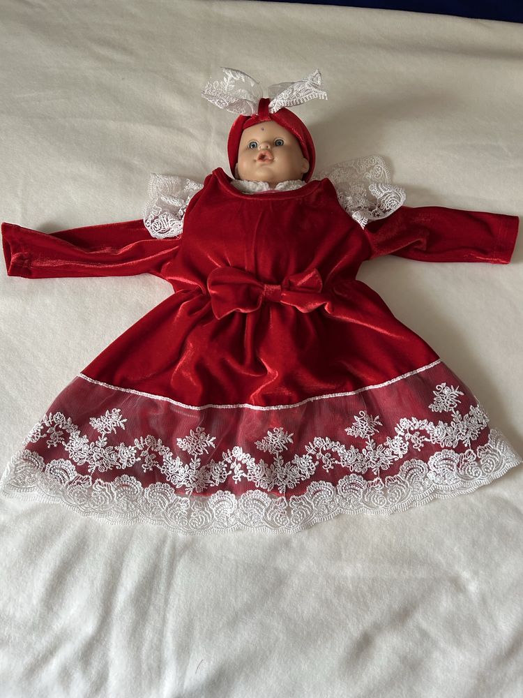 Rochie rosie catifea si bumbac