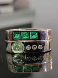 Superb inel cu Aquamarin Smaralde si Diamante din aur 18k