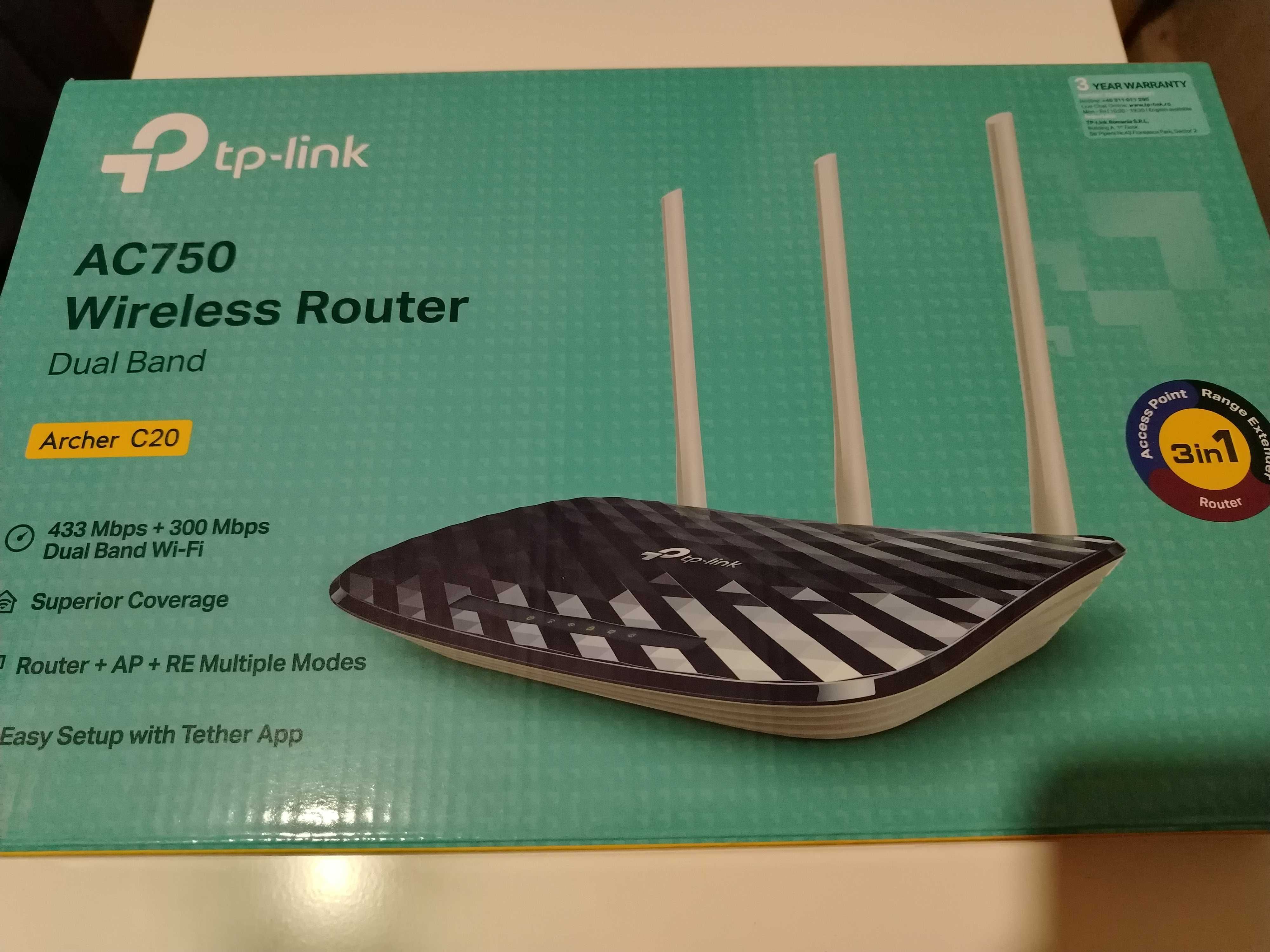 Продавам рутер TP-Link Archer C20 AC750 Wireless Dual-Band WiFi Router