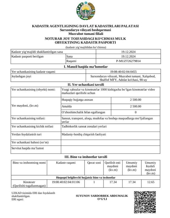 Tadbirkorlik uchun qulay  noturar bino va yer maydoni