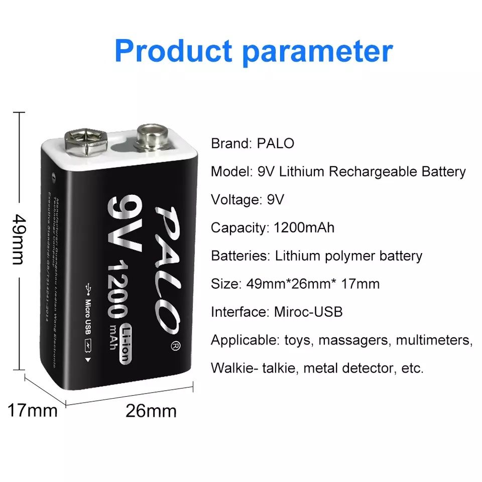 9V Li-ion АКБ для металлоискателя PALO 1200mAh micro USB Крона 6F22