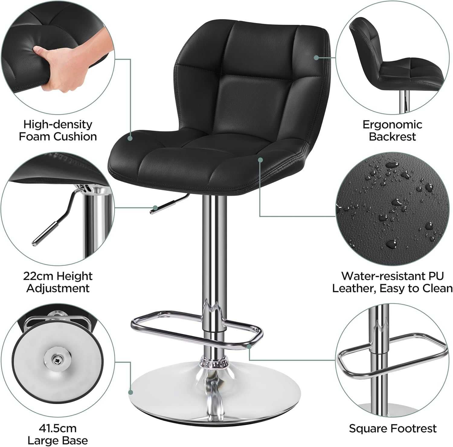 Set 2 scaune bar reglabile, rotative, piele PU | 614160 Black(2pcs)