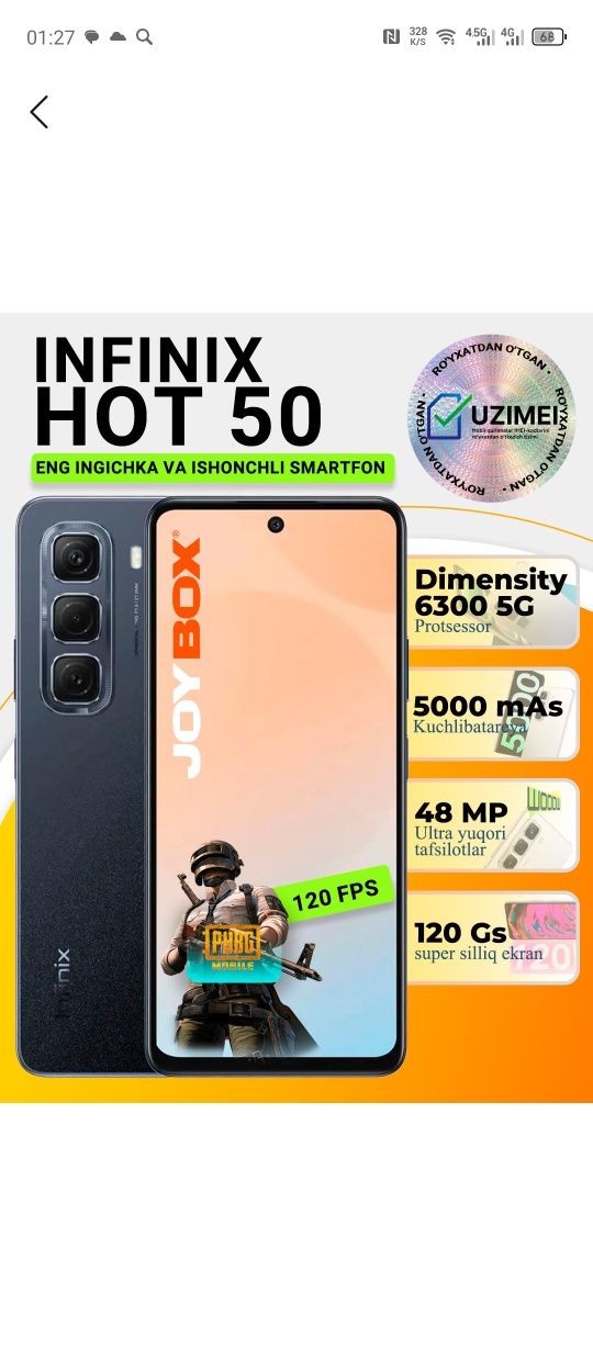 Infinix Hot 50  kafolatlagan 1 yil bepul taʼmirlash xizmati mavjud