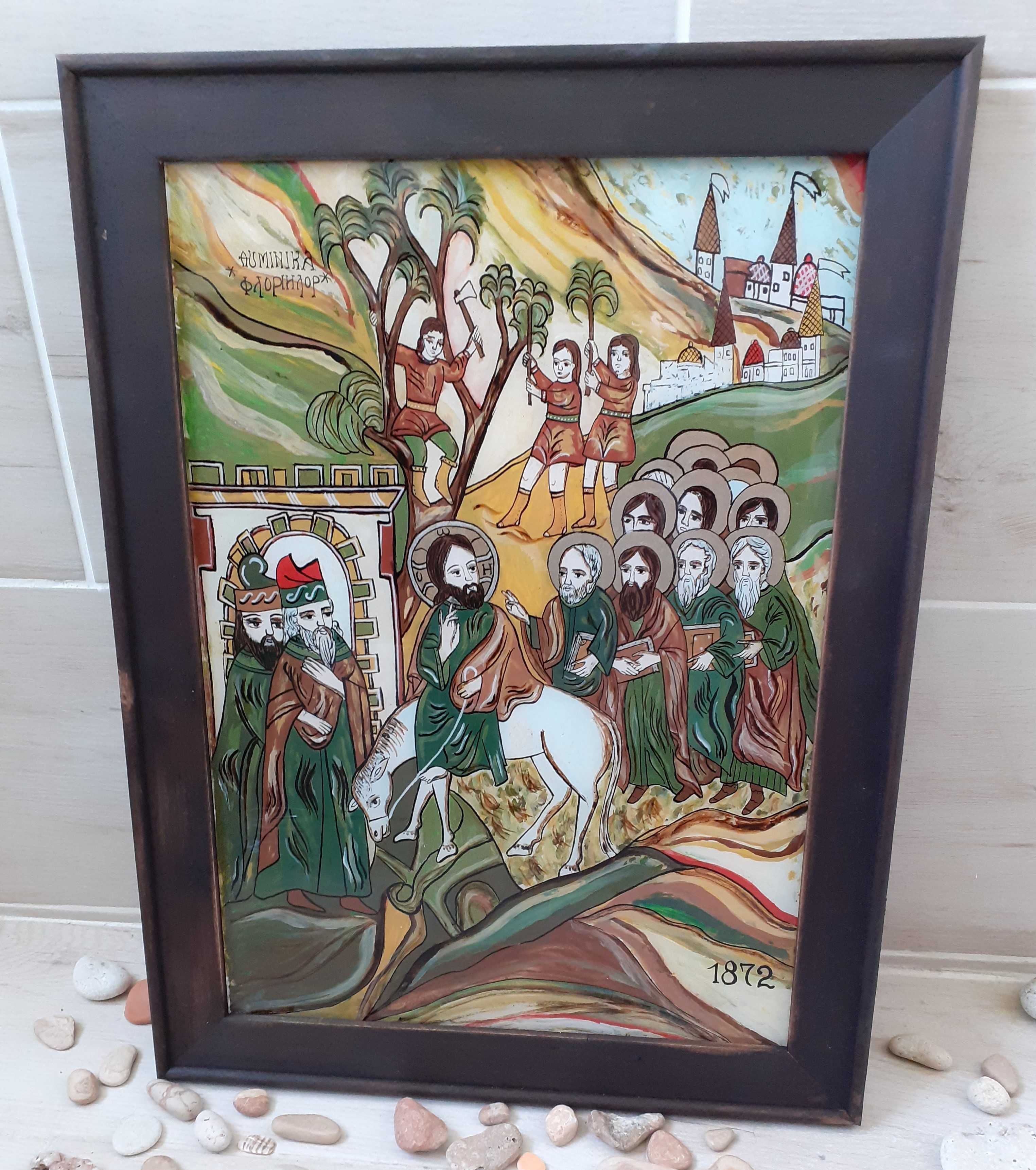 Intrarea în Ierusalim-Icoană pictată pe sticlă