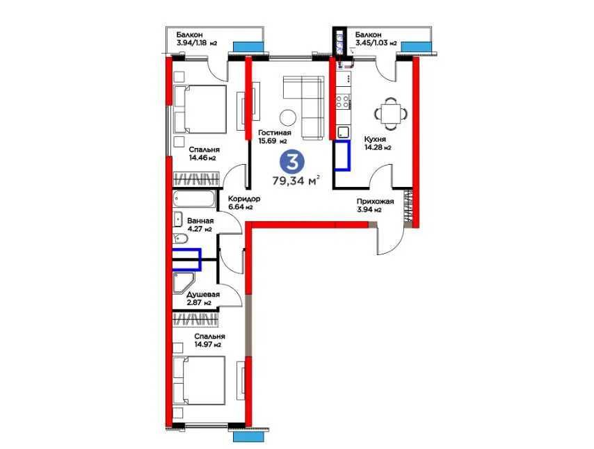 ЖК BI SAN`AT 3-к квартира 79.34 м2. г. Ташкент, ул. Фергана йули