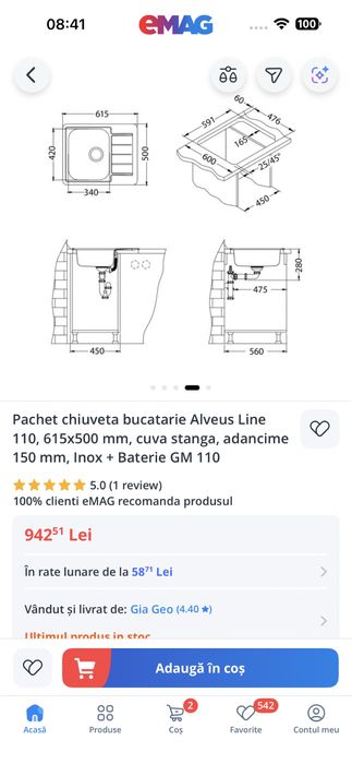 Pachet chiuveta bucatarie Alveus Line 110 Inox + Baterie GM 110
