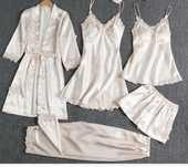 Set Pijamale Satin de dama, 5 bucati, noi, S/36, culoare champagne