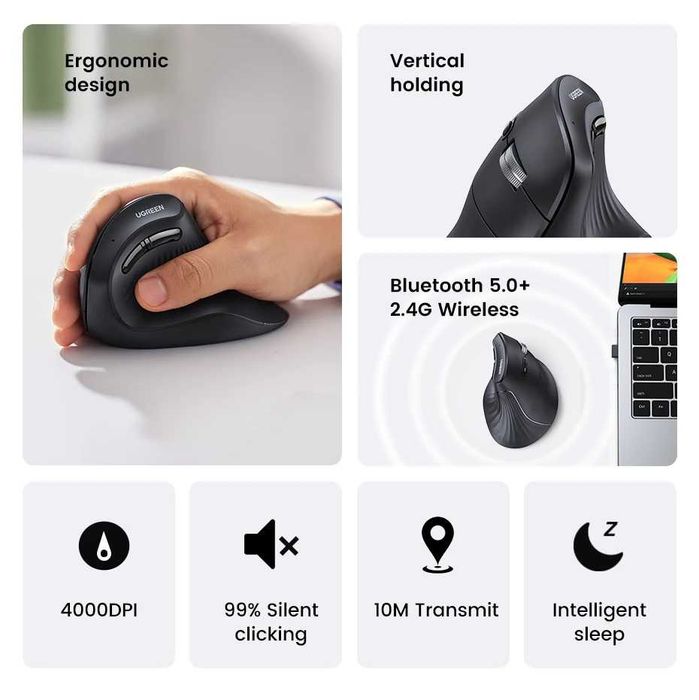 UGREEN Вертикальная беспроводная мышь Bluetooth 5.0