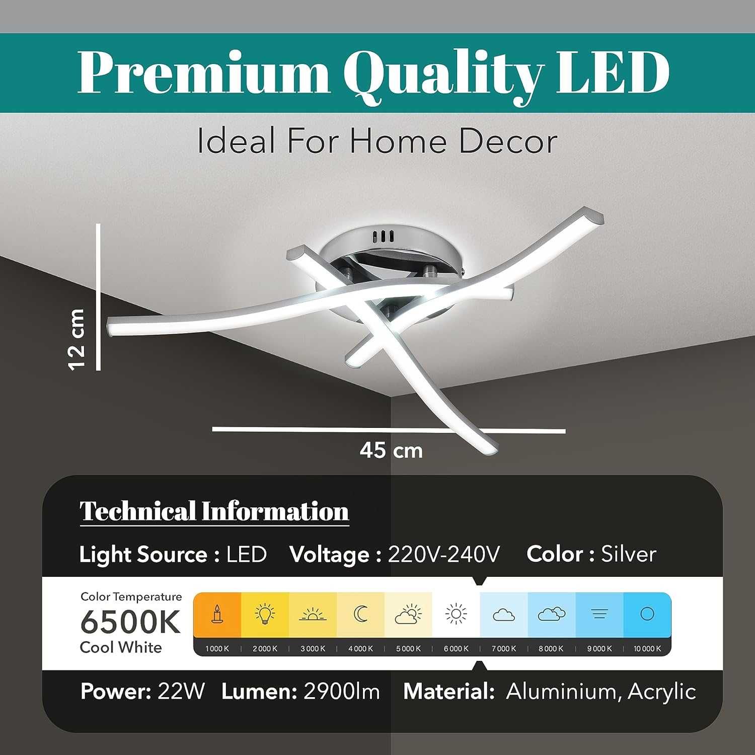 Giggi LED таванна лампа, 22W сребърна, 3 вградени LED табла, 6500K
