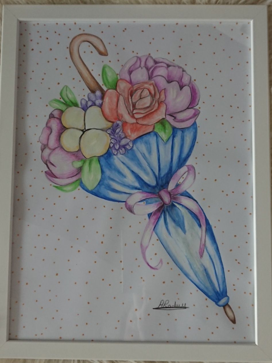 Tablou flori în umbrelă cu acrilic și creioane colorate 43x33cm