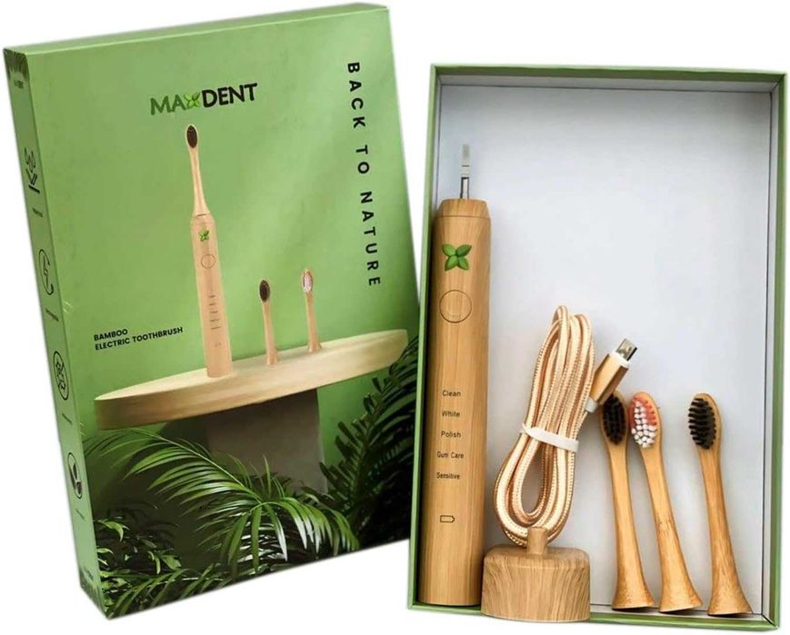 Акумулаторна електрическа четка за зъби Maxdent от бамбук, 3 глави