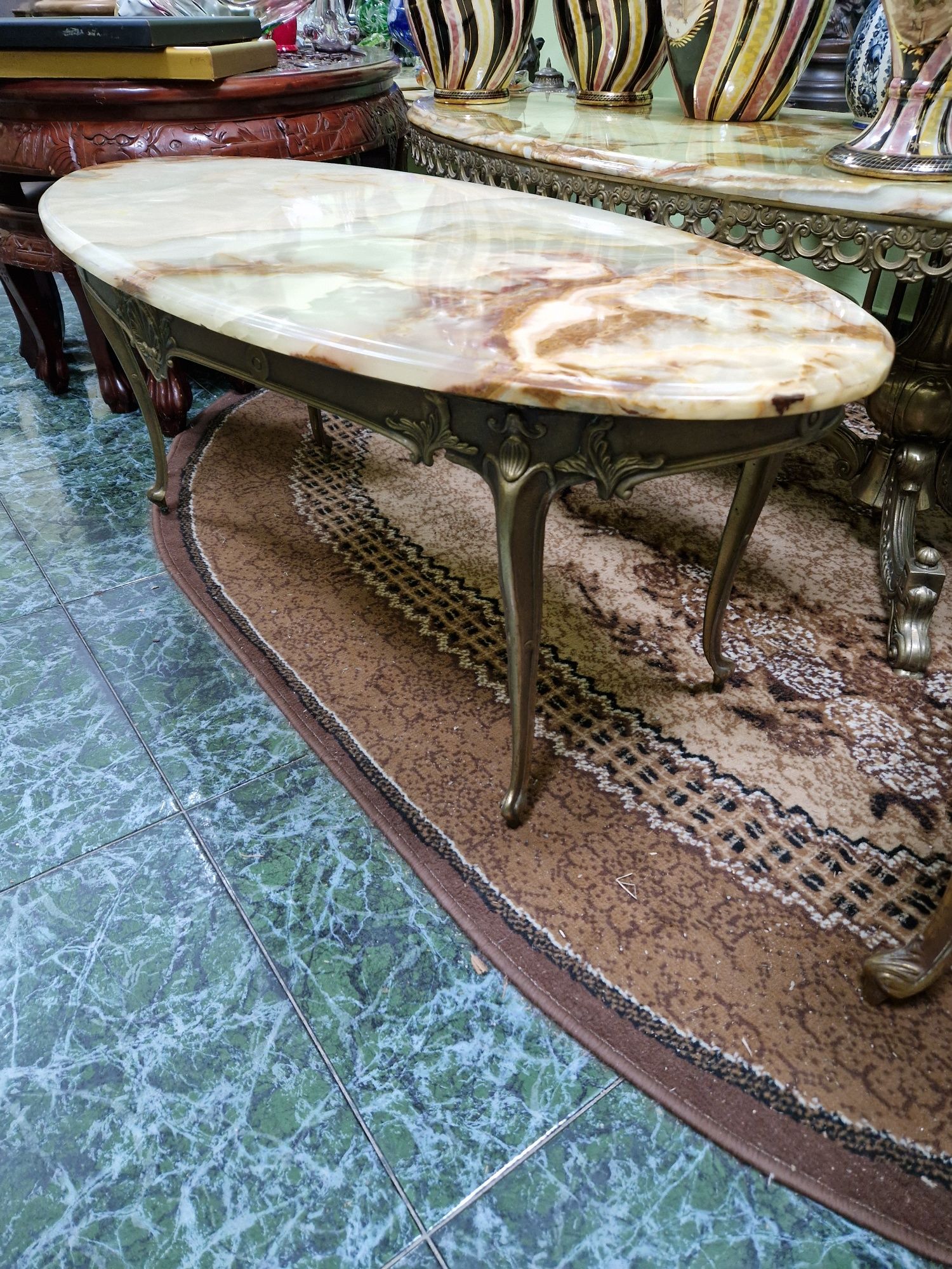 Прекрасна антикварна белгийска бронзова маса с оникс