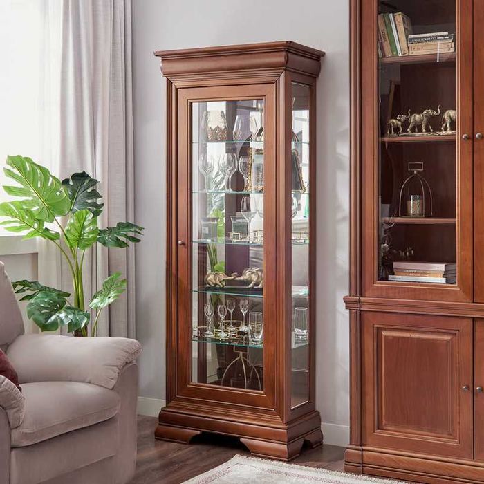 Vitrina cu 1 usa din sticla, lemn masiv fag, cul. Cires, Mobexpert