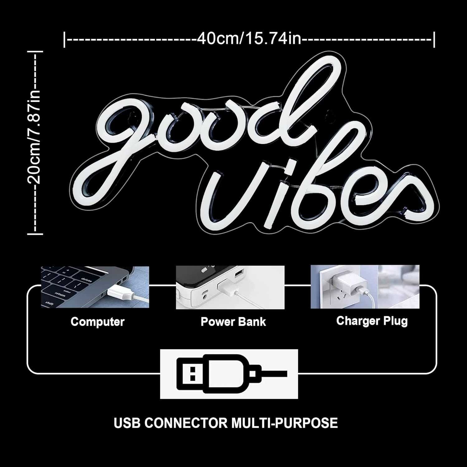 Aslanka Неонова табела Good Vibes, USB захранване, 40 x 20 см (розова)