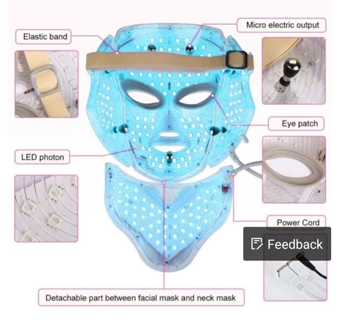 Козметична LED маска за лице и шия, светлинна, фотодинамична терапия
