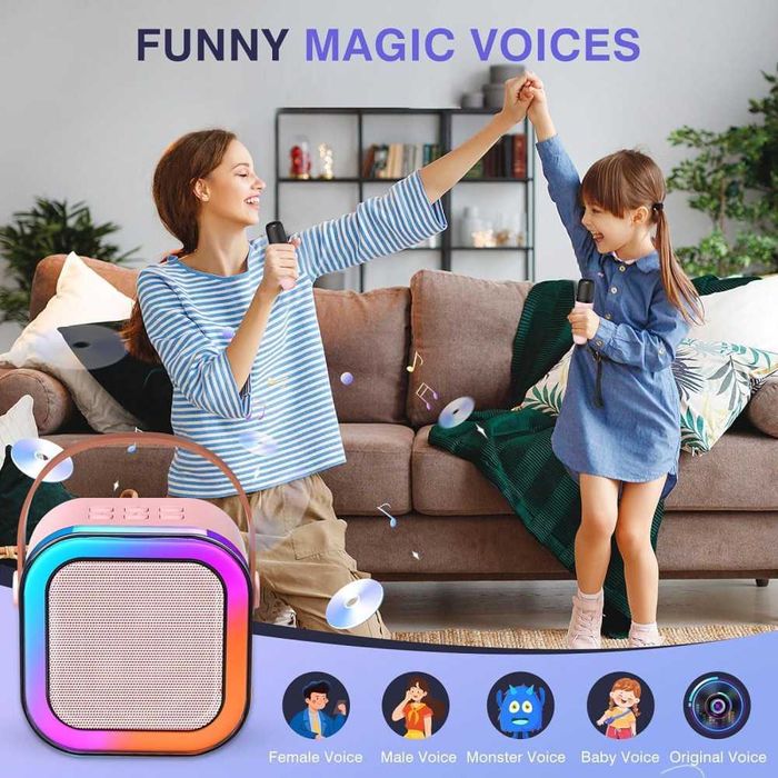 Boxa Karaoke pentru copii cu 2 Microfoane Wireless, LED, Bluetooth