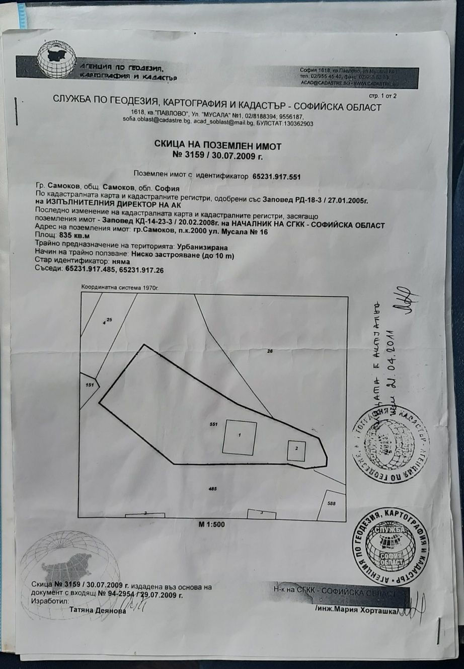 Продавам ИМОТ-ПАРЦЕЛ в град САМОКОВ в регулация ток вода 835кв.м