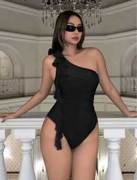 Costum de baie negru intreg cu floare