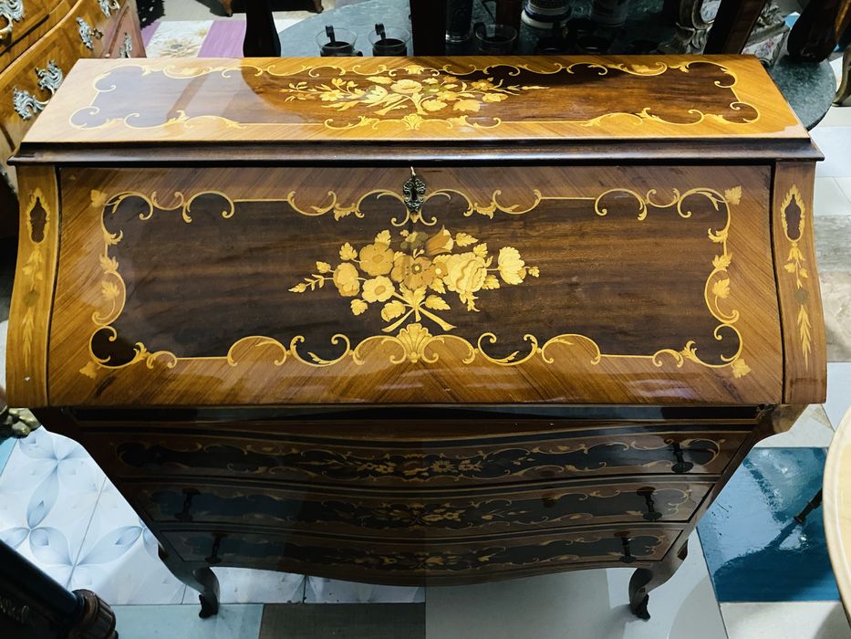 Comoda Secretaire Birou Lemn Masiv Intarsii Vintage Baroc