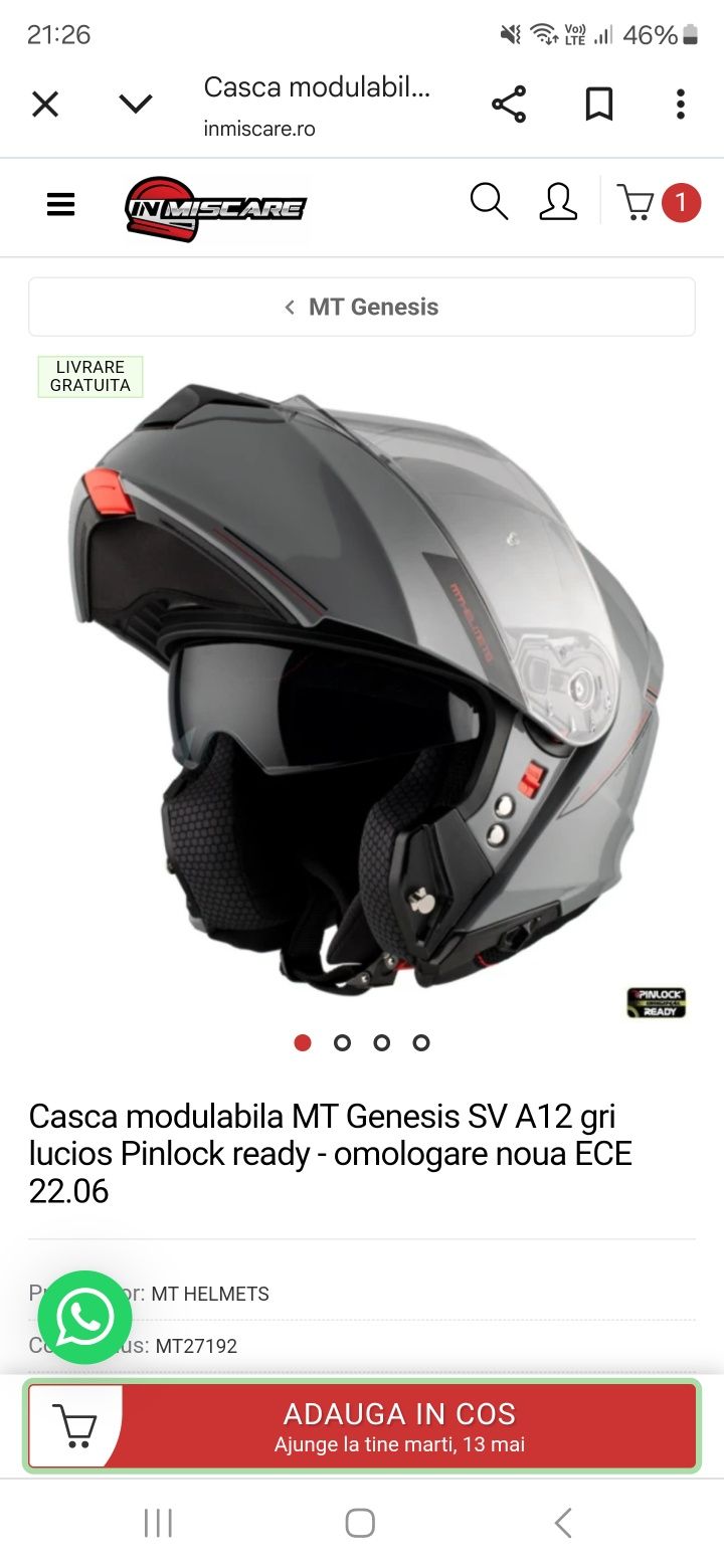 Casca modulabila MT Genesis SV A12 gri lucios Pinlock ready