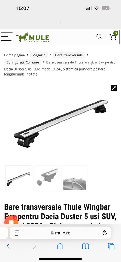 Thule Bare Transversale Wingbar Dacia Duster