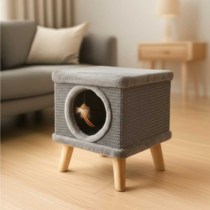 Casa pisici cu pat si loc de joaca picioare din lemn 38 x 32 x 32 cm