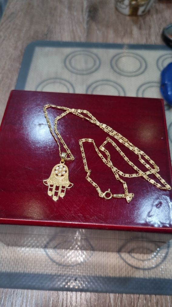 Золотой комплект. Кулон  рука фатимы с цепочкой 14k (585пр)