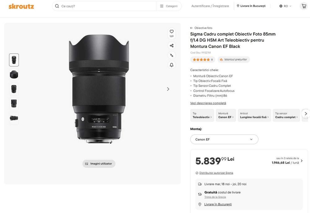 Sigma Art 85mm f1.4 ( CANON ) + filtru UV K&F