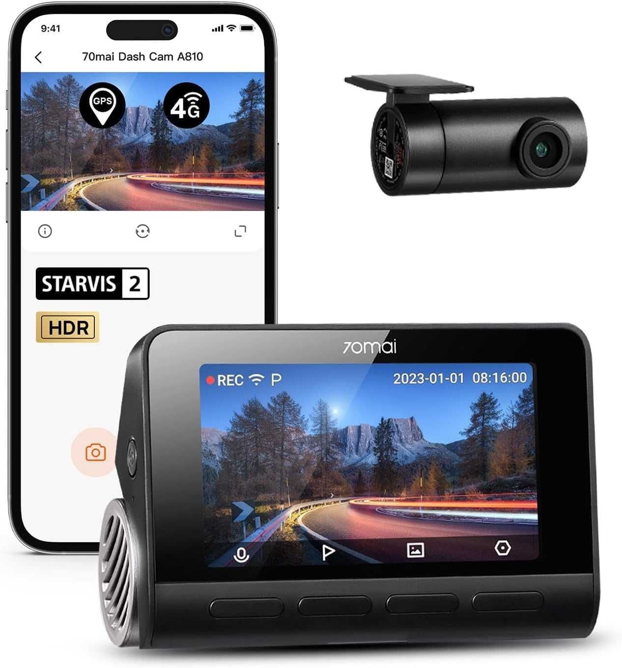Camera auto duala DVR 70MAI A810, 4K, Wi-Fi, G-Senzor
