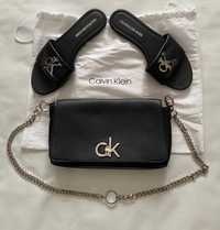 Papuci dama, Calvin Klein, geanta asortata, piele naturala, marimea 39