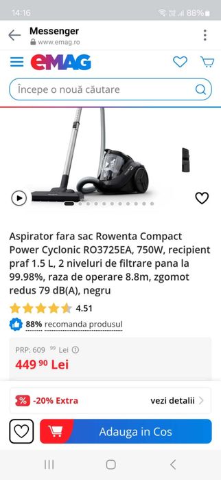 Rowenta Compact Power Cyclonic RO3725EA, asăirator fara sac, sigilat