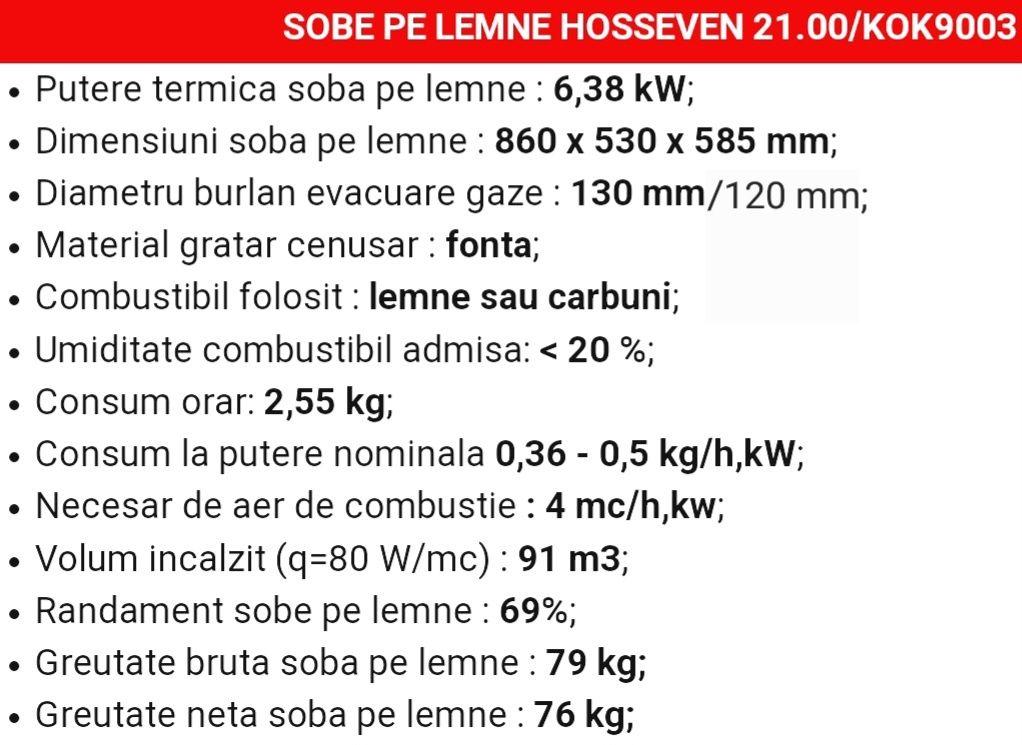 Sobă din fontă cu şamotă Hosseven 9003