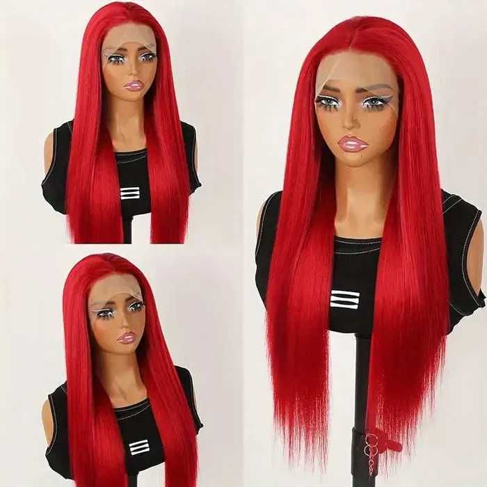 Ярко червена лейс фронт права перука с дантела