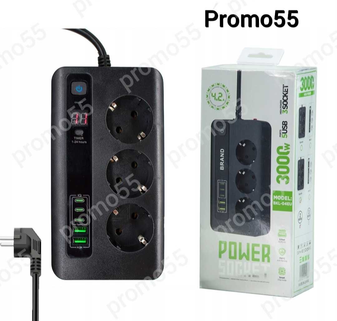 ПРОМО! Разклонител с USB 2бр,Type-c 3бр, EU-3бр 3000W Ключ, Таймер