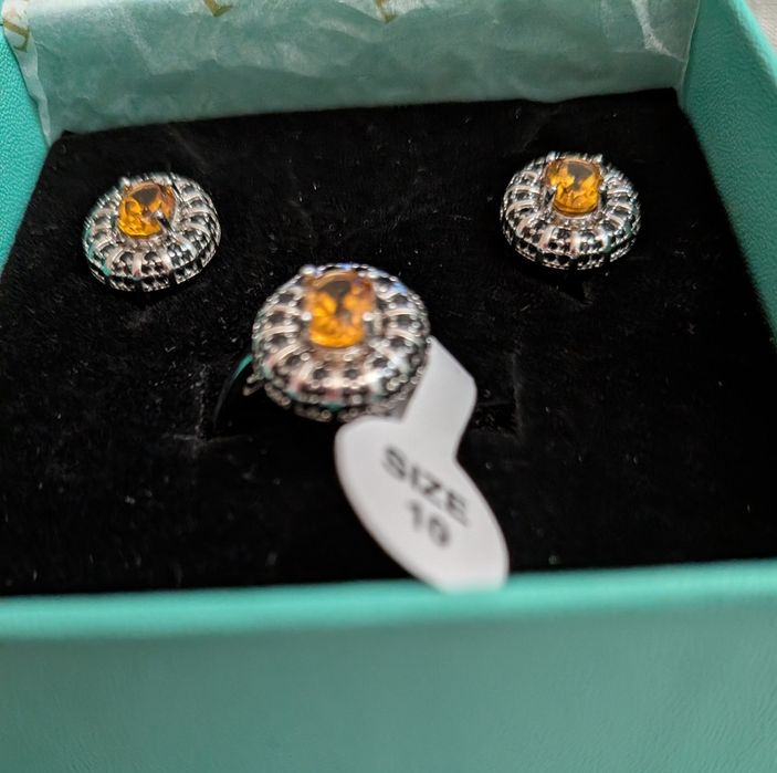 Сребърен комплект с естествен черен шпинел и цитрин