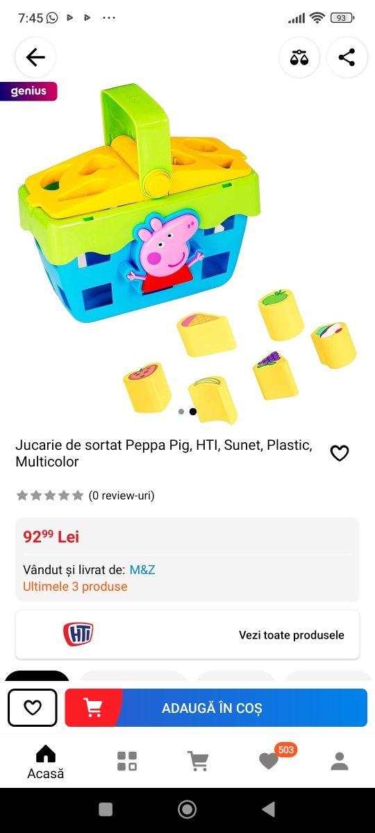 Coș jucărie de sortat Peppa Pig cu sunet cadoul perfect