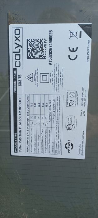 Vând panouri fotovoltaice amorfe Calyxo cx3 75