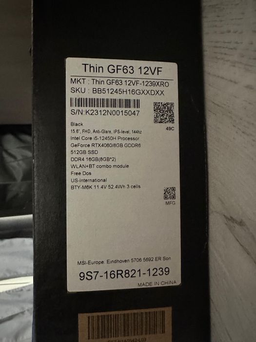 Laptop Gaming MSI Thin , RTX 4060 , I5 , Nou , Garantie 12 luni