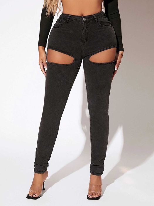 Blugi skinny talie inalta cu decupaje laterale tip portjartier